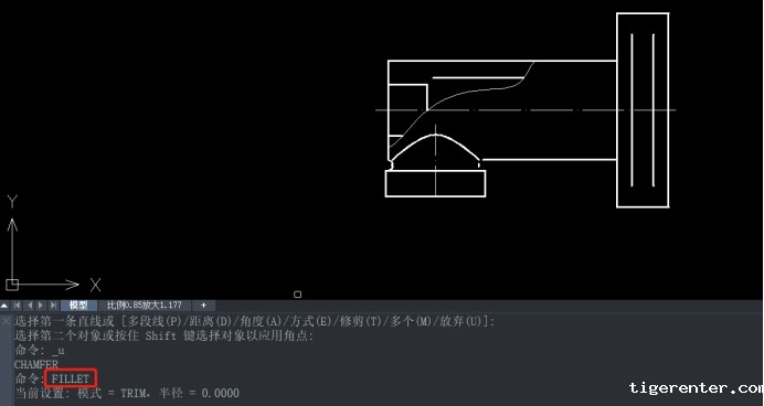 CAD在两个对象之间倒圆角