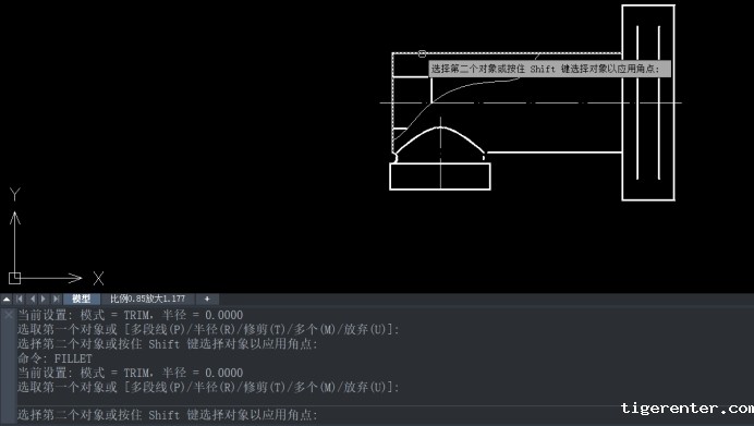 CAD在两个对象之间倒圆角